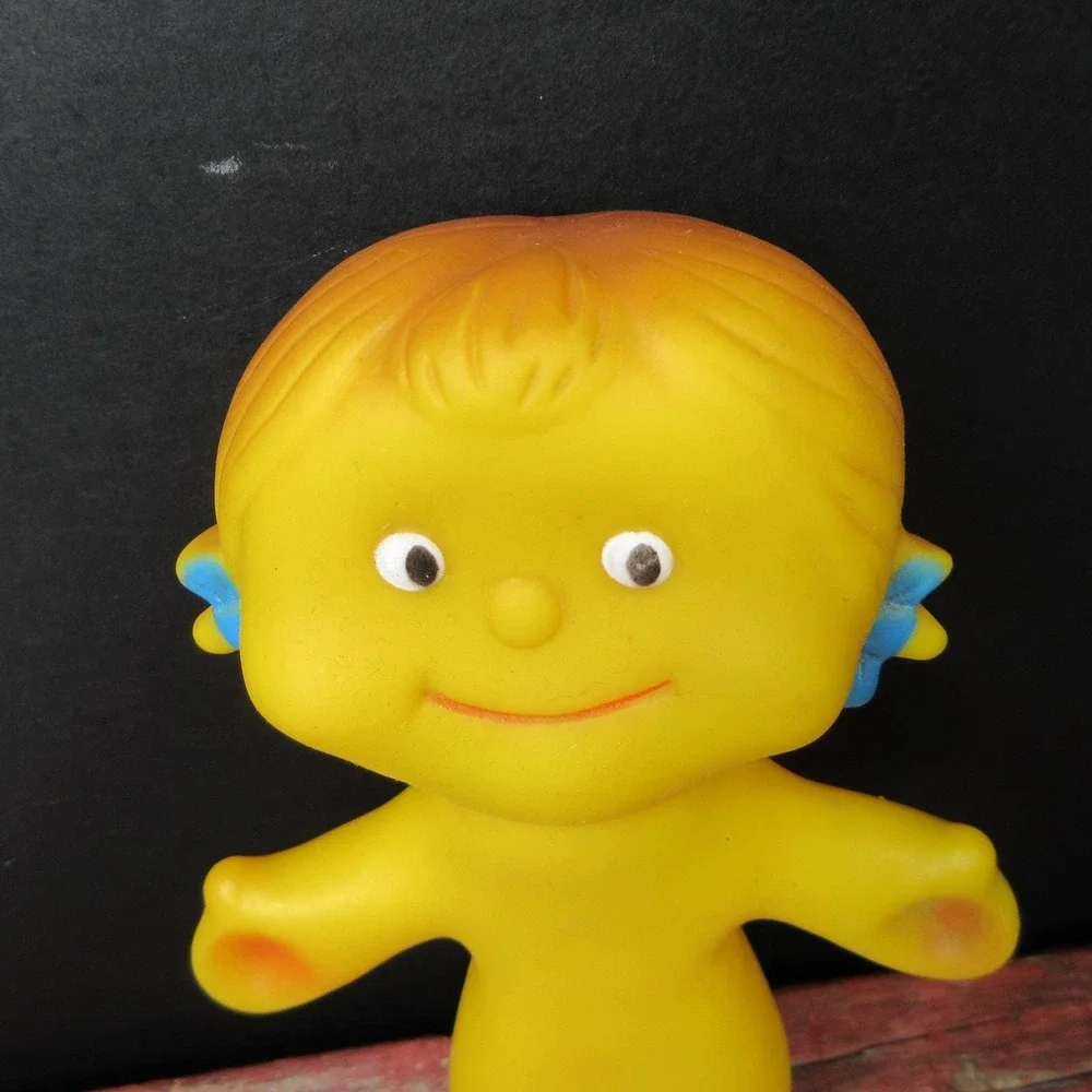 Vintage Ledraplastic Ledra Yellow Smiley Face Girl Doll Rubber Squeak Toy 8